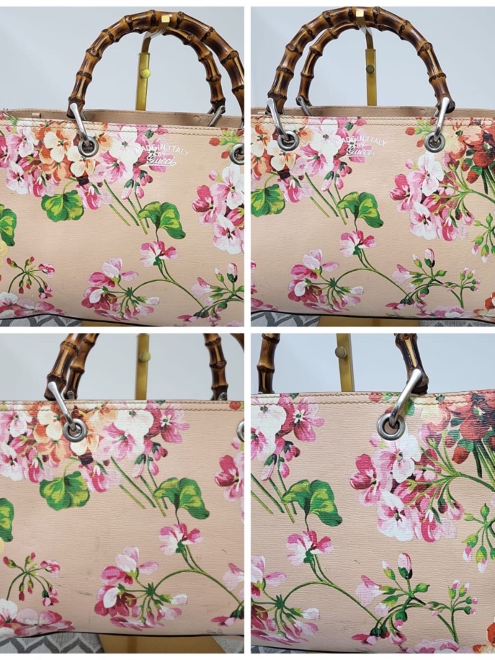 Authentic GUCCI Shangai Calfskin Blooms Print Medium Bamboo Shopper Tote Pink/Mu - Picture 13 of 14